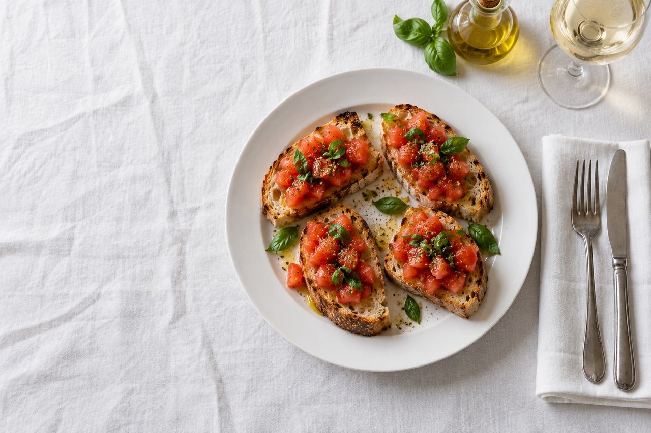 Bruschetta al pomodoro: pane casereccio con pomodoro e basilico