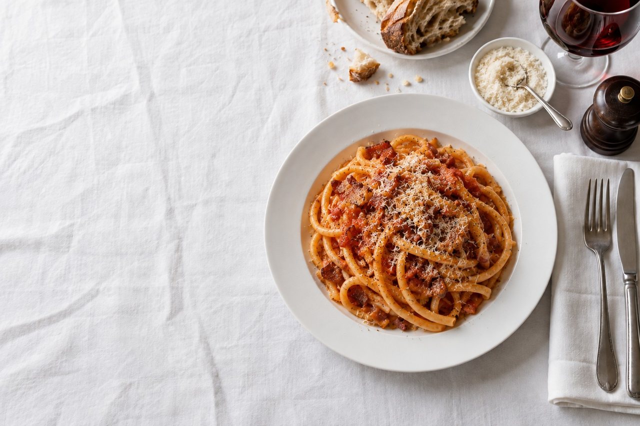 Bucatini all'amatriciana con guanciale e pecorino