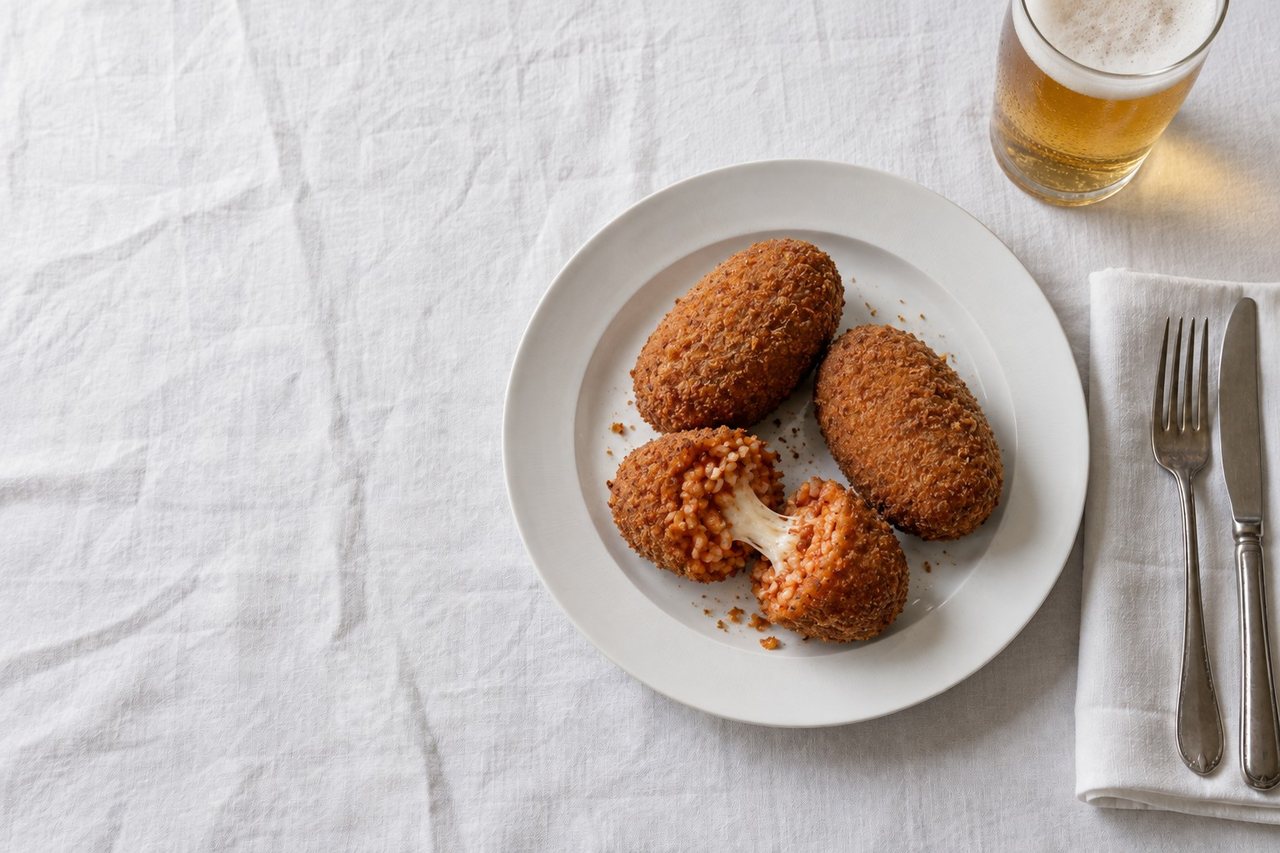 Supplì classici, uno aperto con la mozzarella filante